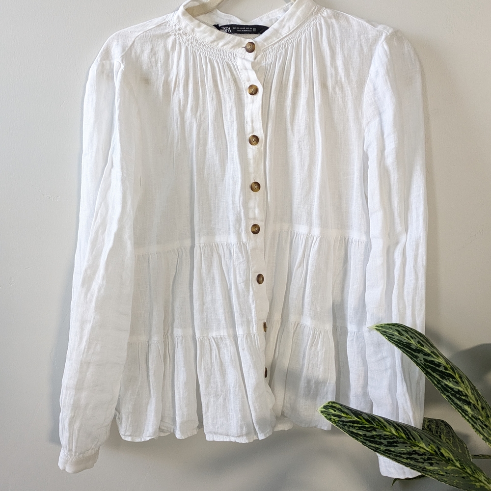 Zara Linen Ivory Button-Down Blouse with Wooden Buttons